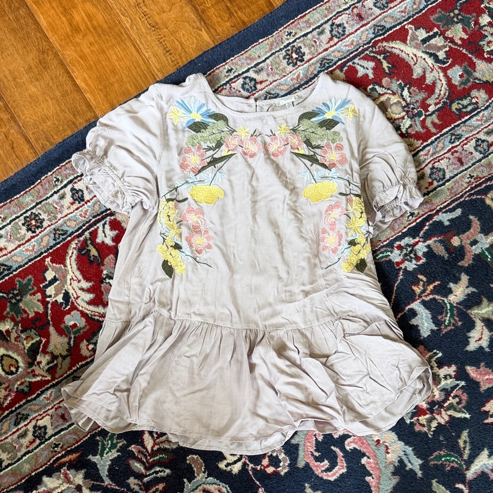 Floral Embroidered Ruffle Hem Blouse - Light Taupe with Yellow & Pink